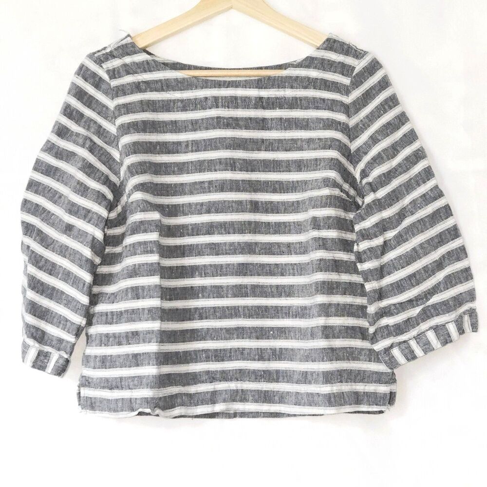 CHRISTIAN SIRIANO TOP Linen Blouse Grey/White Stripes 3/4 Sleeve Women Medium US - Picture 2 of 5